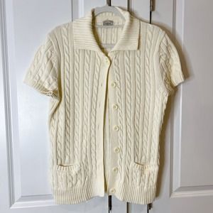 L.L. BEAN Cream Cable Knit Short Sleeve Button Down Cardigan M/L